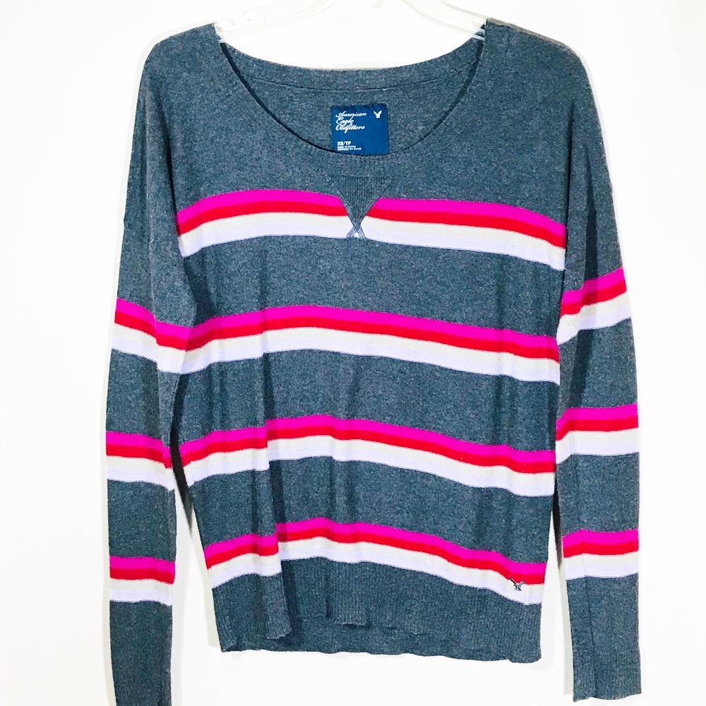 American Eagle Gray Sweater Pink White Stripe Long